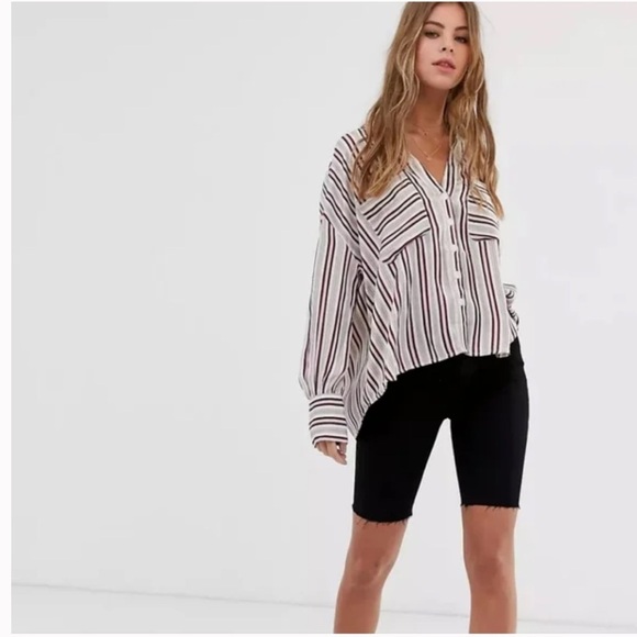 Free People Mad About You Button Front Striped Shirt Ivory Red Oversized - Picture 1 of 16